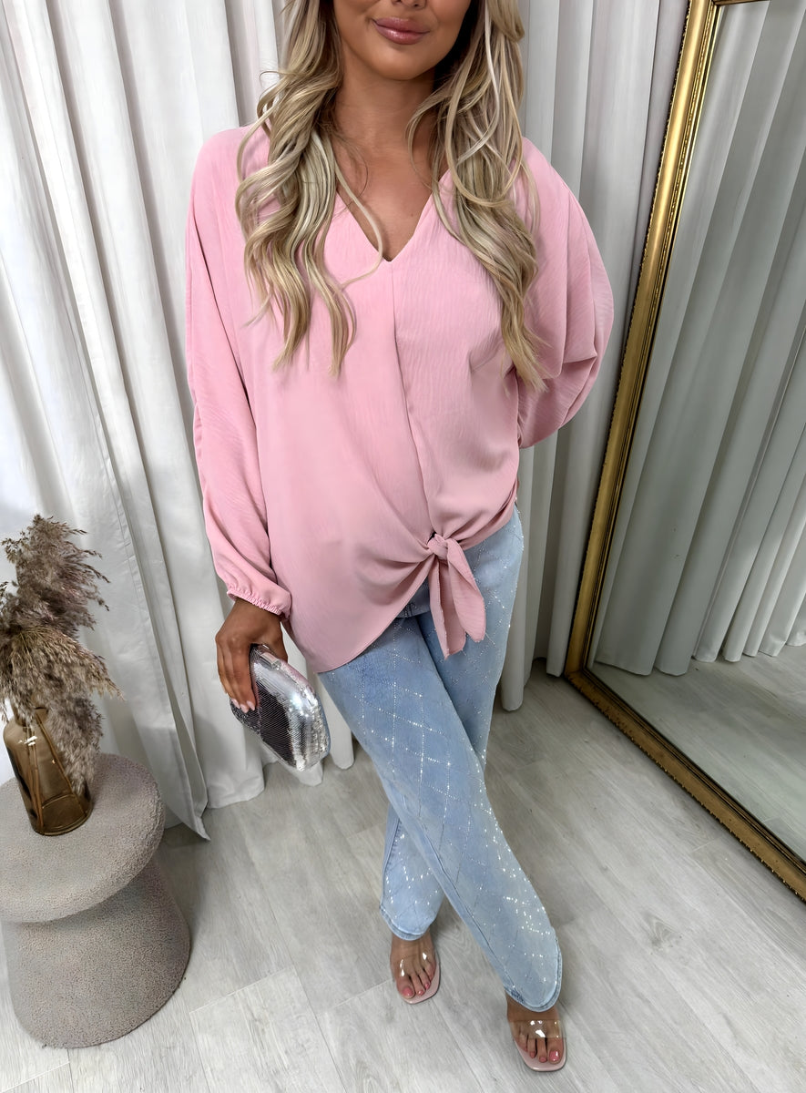Effortlessly Stylish: Abigail V-Neck Long Sleeve Tie Front Top