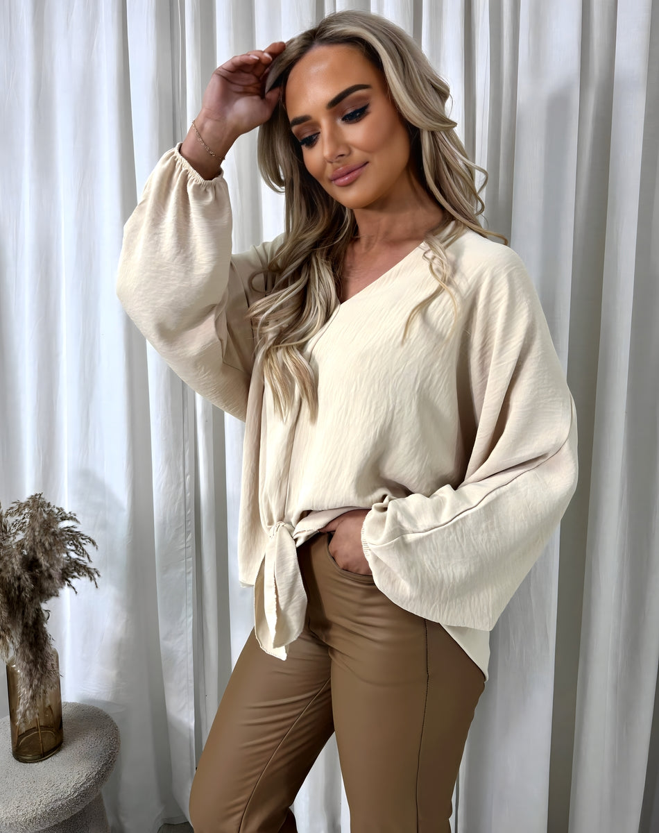 Effortlessly Stylish: Abigail V-Neck Long Sleeve Tie Front Top
