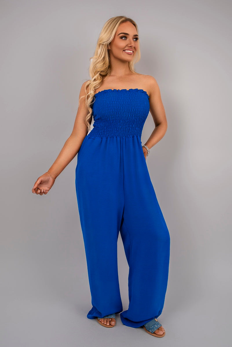 Shop Strapless Shirred Bandeau Wide Leg Jumpsuit