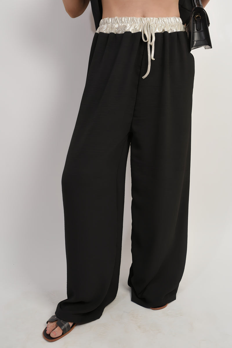 Step Out in Style with Marina Drawstring Shiny Waist Wide Leg Trousers