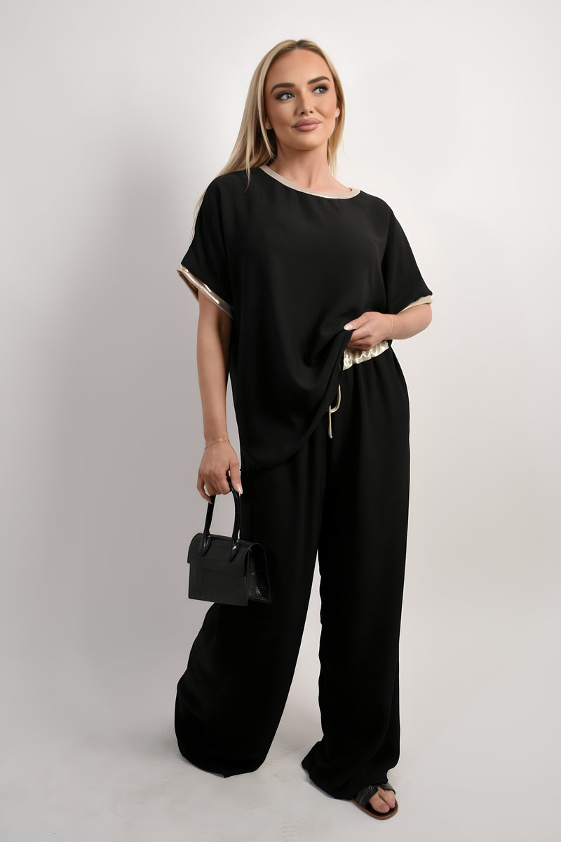 Step Out in Style with Marina Drawstring Shiny Waist Wide Leg Trousers