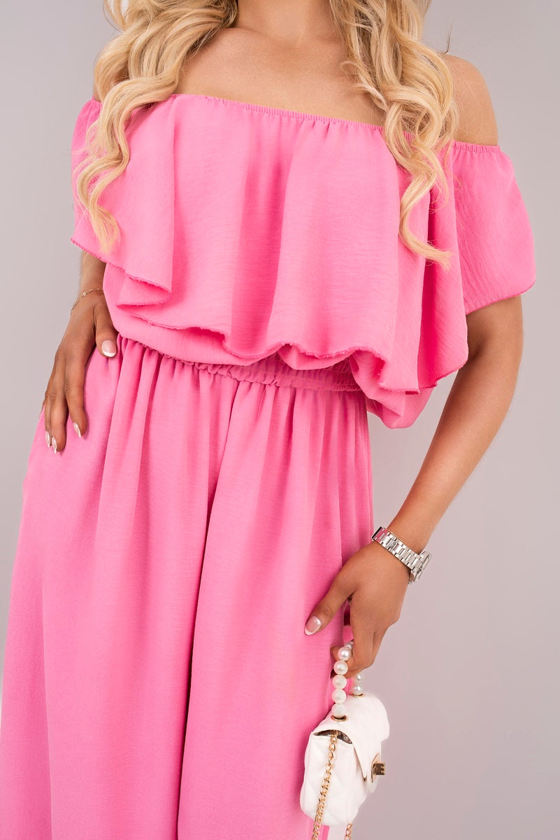 Shop Off Shoulder Flared Wide Leg Jumpsuit with Ruffle Detail