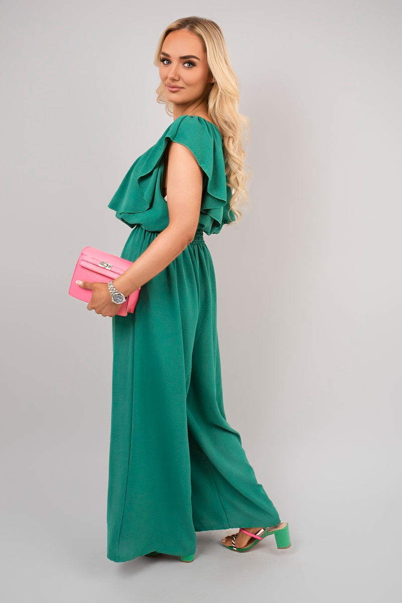 Shop Off Shoulder Flared Wide Leg Jumpsuit with Ruffle Detail