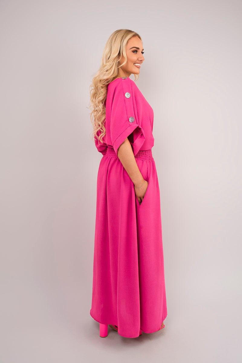 Shop V-Neck Short Sleeve Maxi Dress with Button Detail