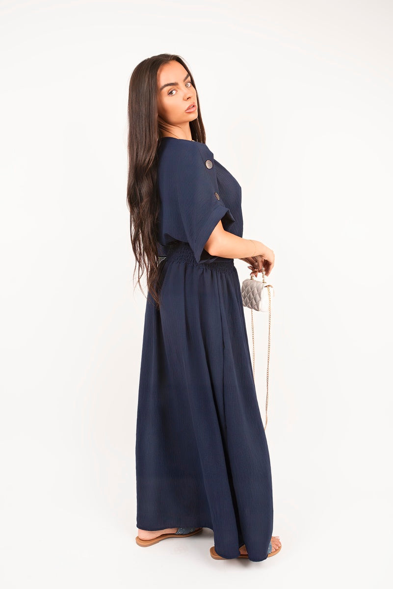Shop V-Neck Short Sleeve Maxi Dress with Button Detail