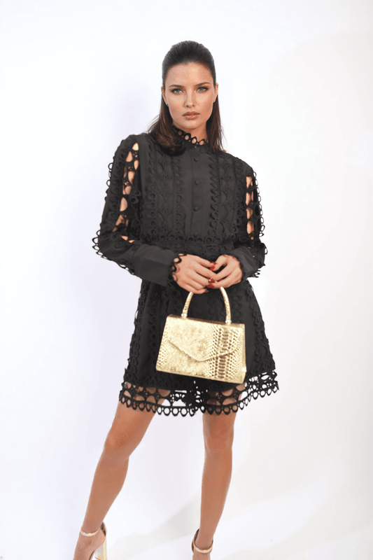 "Buy Sophisticated Evening Wear: High Neck Button Front Lace Mini Jumpsuit - Elevate Your Style!"