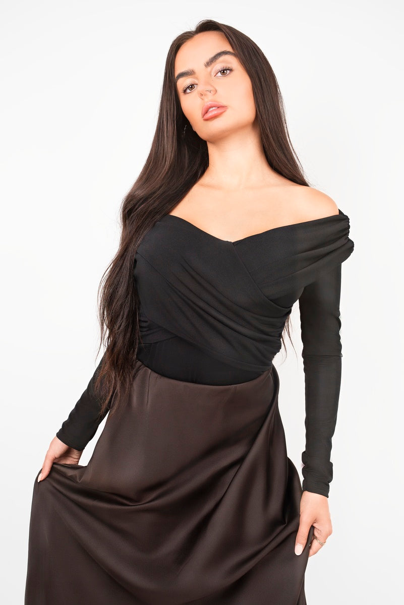 Shop Effortless Glam: Flattering Off-Shoulder Long Sleeve Draped Top with Wrap Front Detail