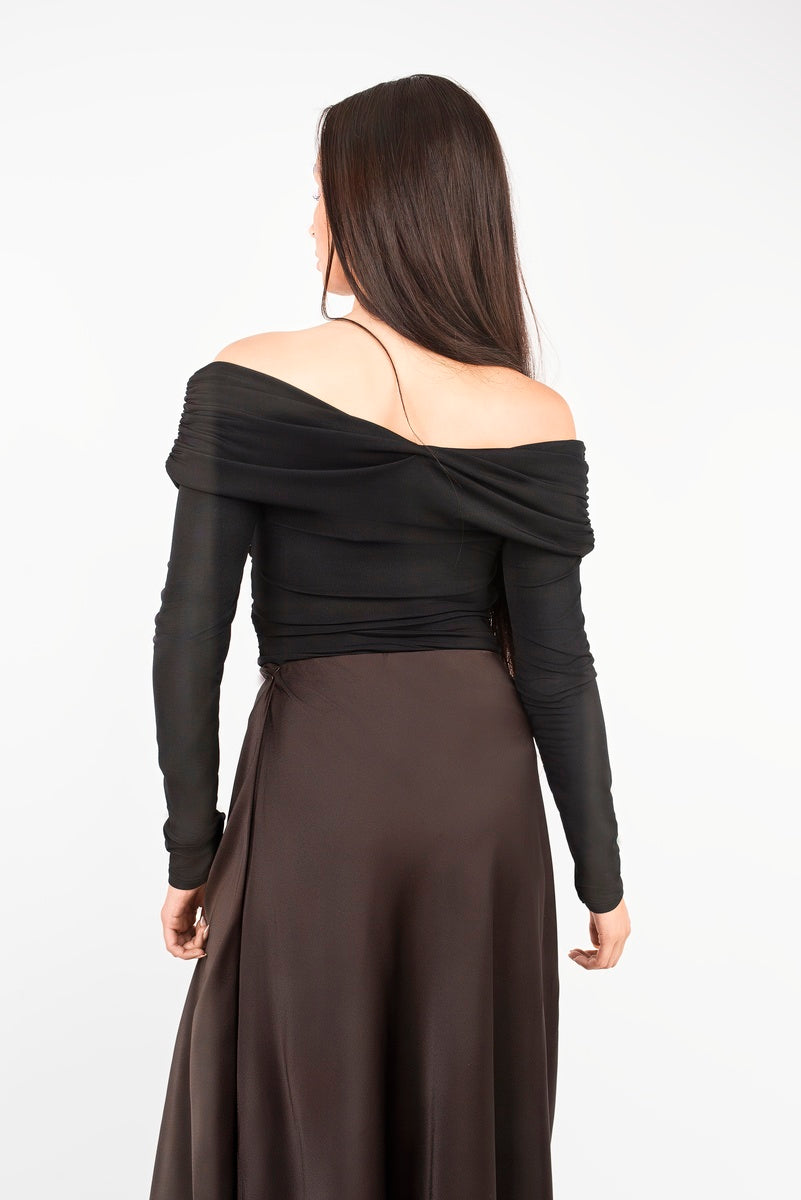 Shop Effortless Glam: Flattering Off-Shoulder Long Sleeve Draped Top with Wrap Front Detail