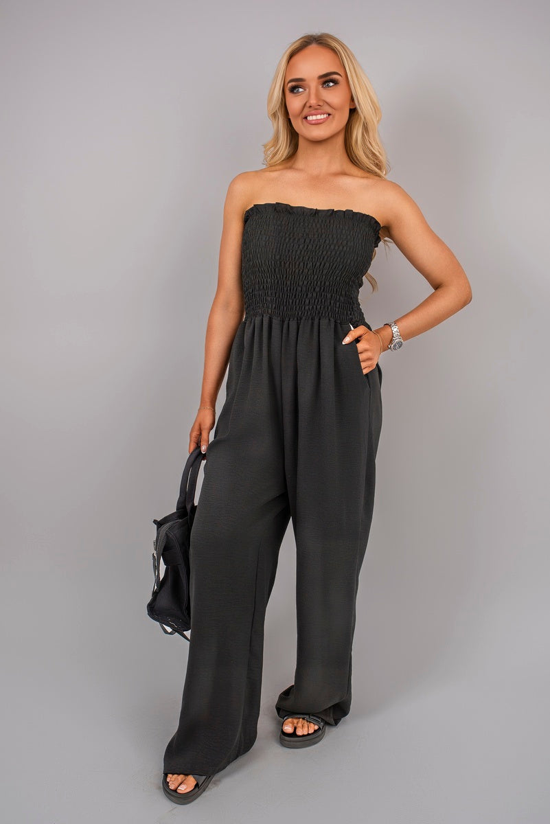 Shop Strapless Shirred Bandeau Wide Leg Jumpsuit