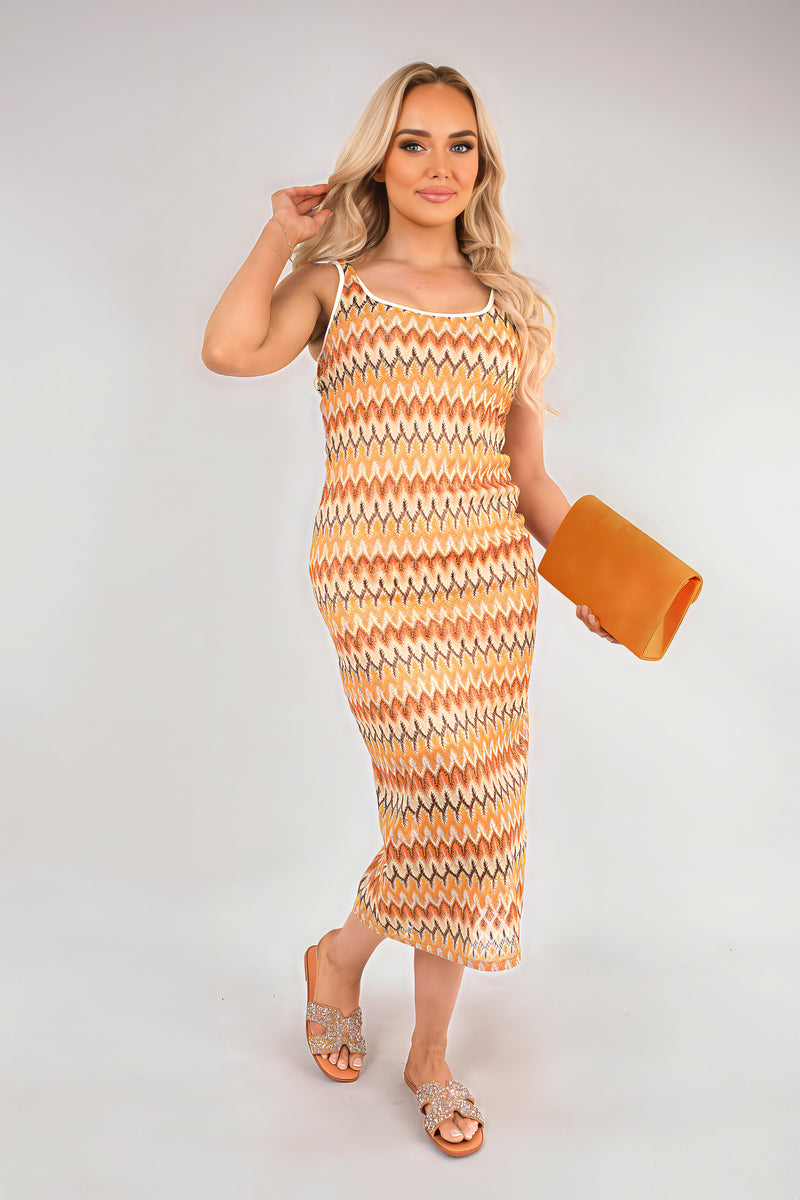 Shop Sleeveless Scoop Neck Bodycon Midi Dress with Zig-Zag Knit Detail