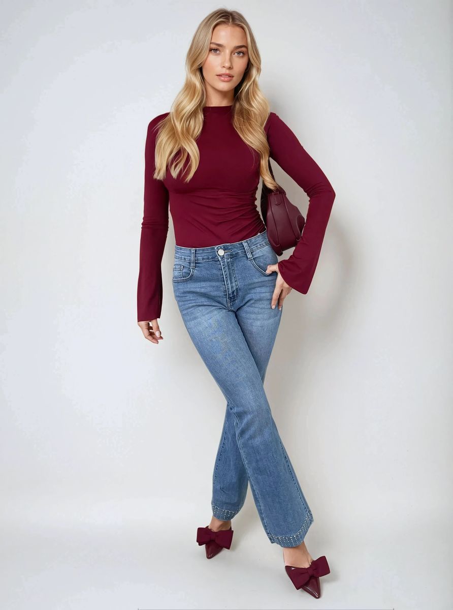Stand Out in Style with Hazel Rhinestone Hem High Waist Flare Jeans