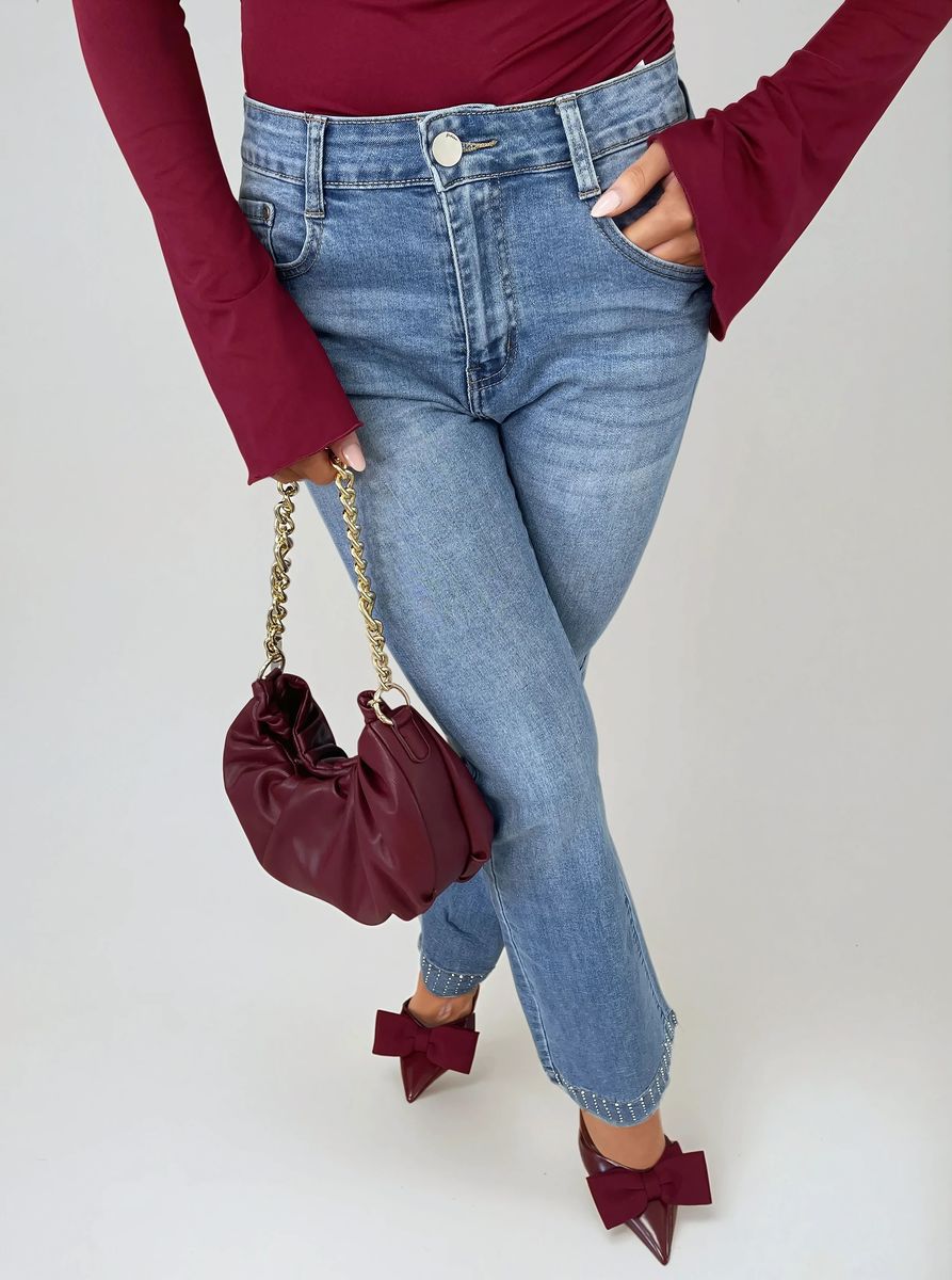 Stand Out in Style with Hazel Rhinestone Hem High Waist Flare Jeans