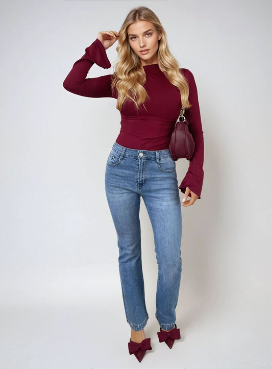 Stand Out in Style with Hazel Rhinestone Hem High Waist Flare Jeans