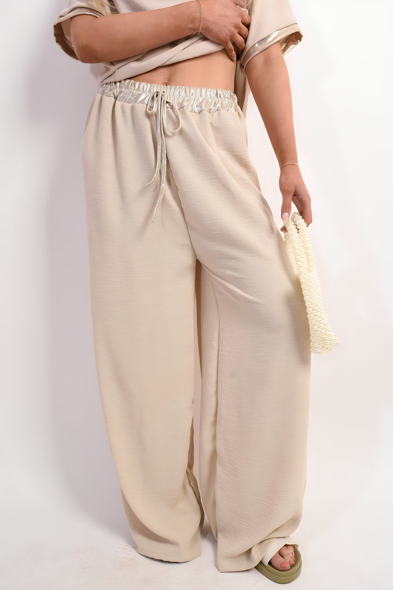 Step Out in Style with Marina Drawstring Shiny Waist Wide Leg Trousers