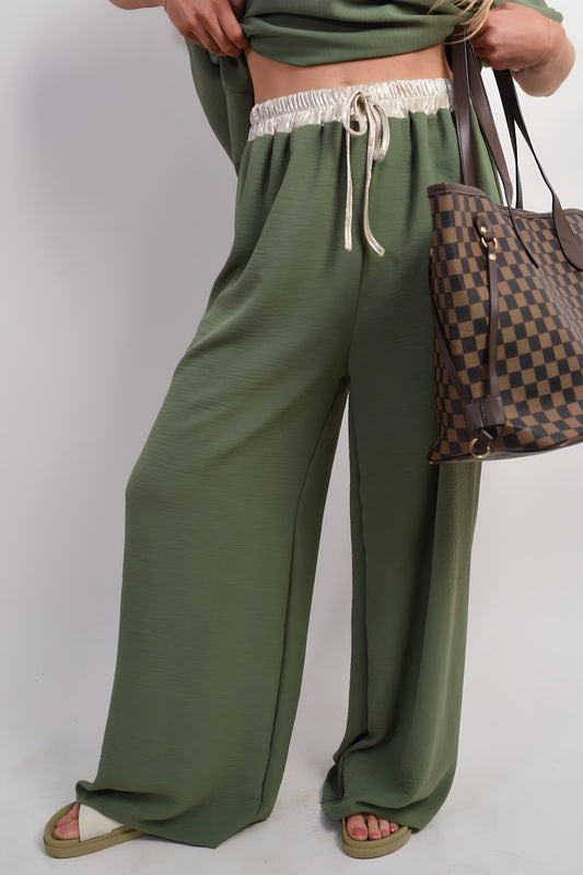 Step Out in Style with Marina Drawstring Shiny Waist Wide Leg Trousers