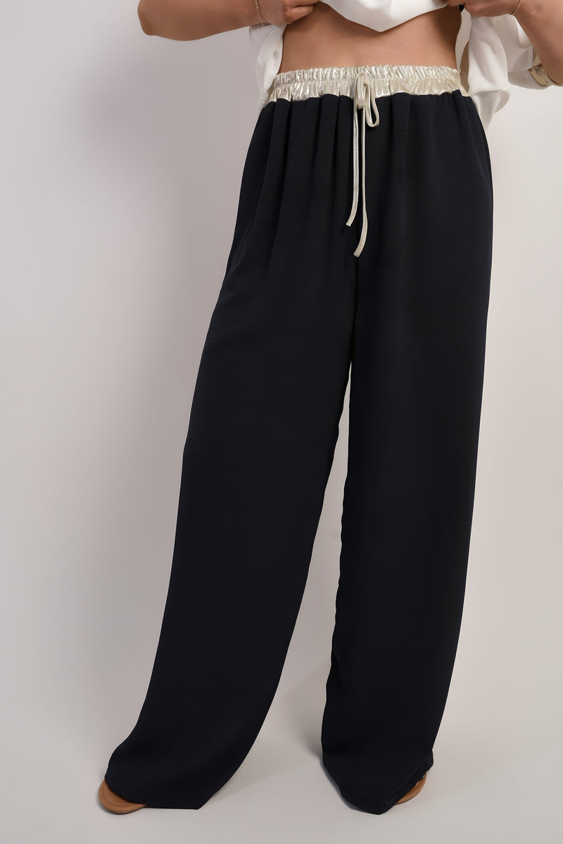 Step Out in Style with Marina Drawstring Shiny Waist Wide Leg Trousers