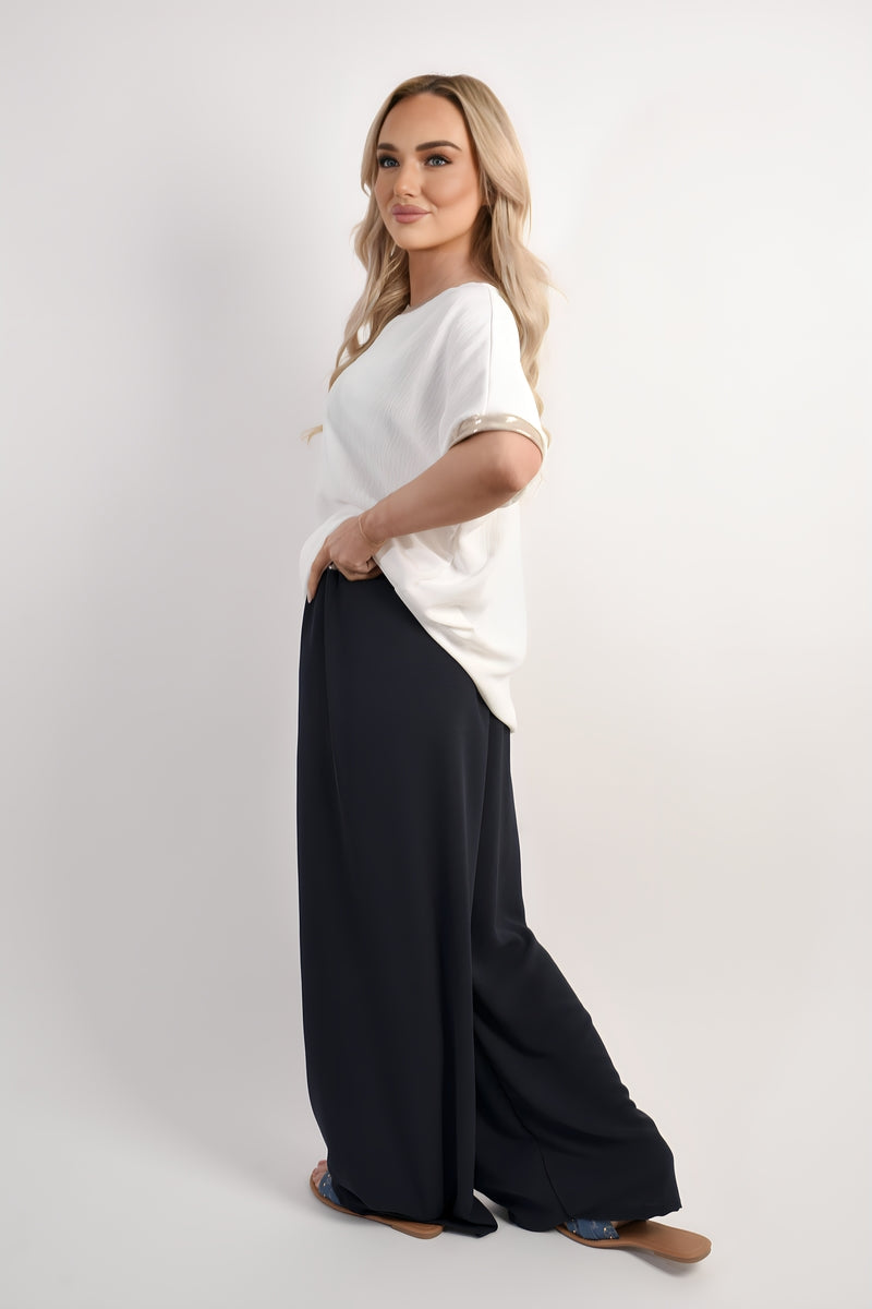 Step Out in Style with Marina Drawstring Shiny Waist Wide Leg Trousers