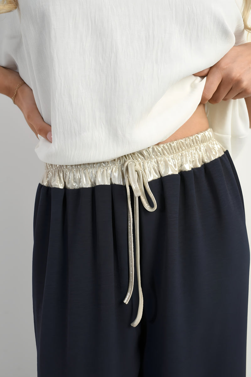 Step Out in Style with Marina Drawstring Shiny Waist Wide Leg Trousers
