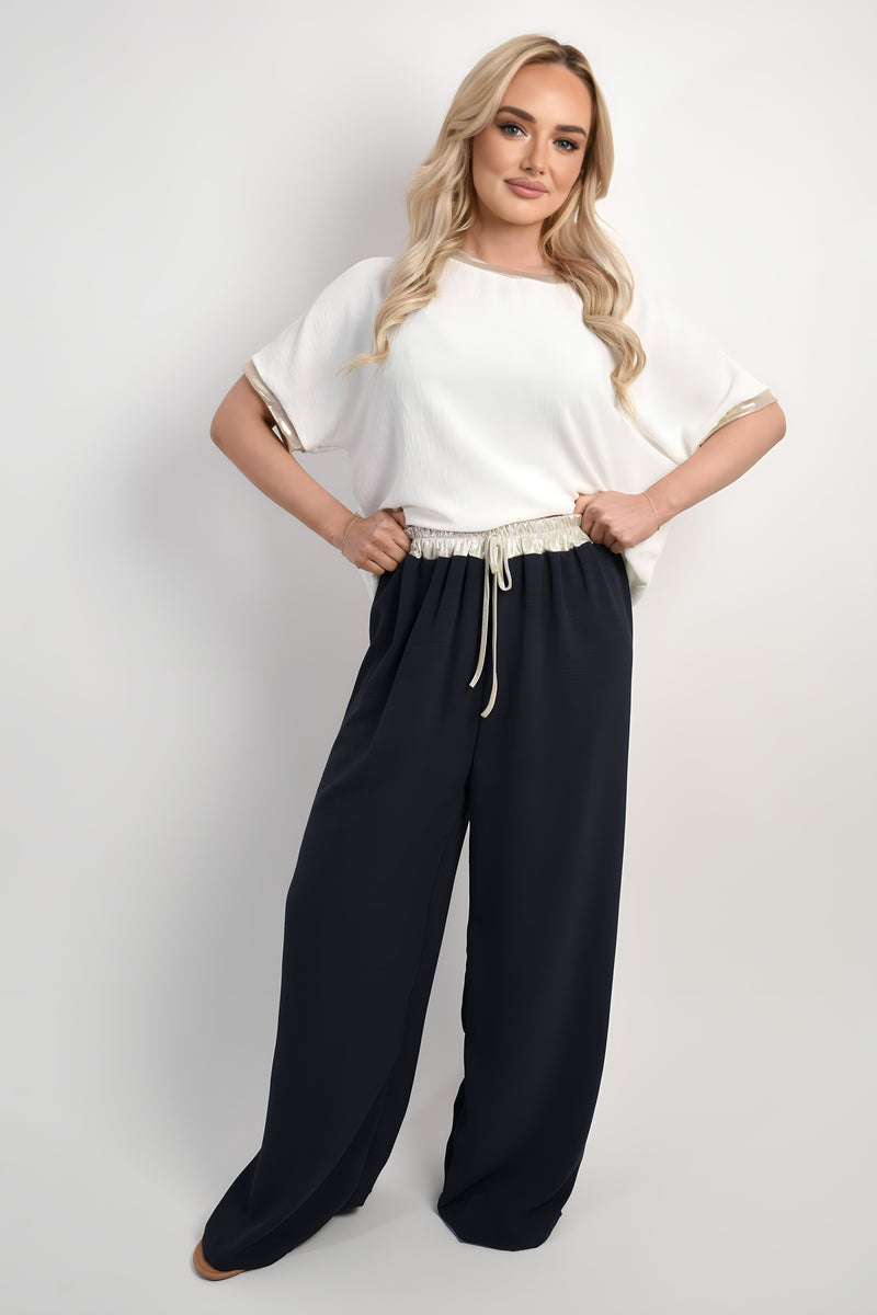 Step Out in Style with Marina Drawstring Shiny Waist Wide Leg Trousers