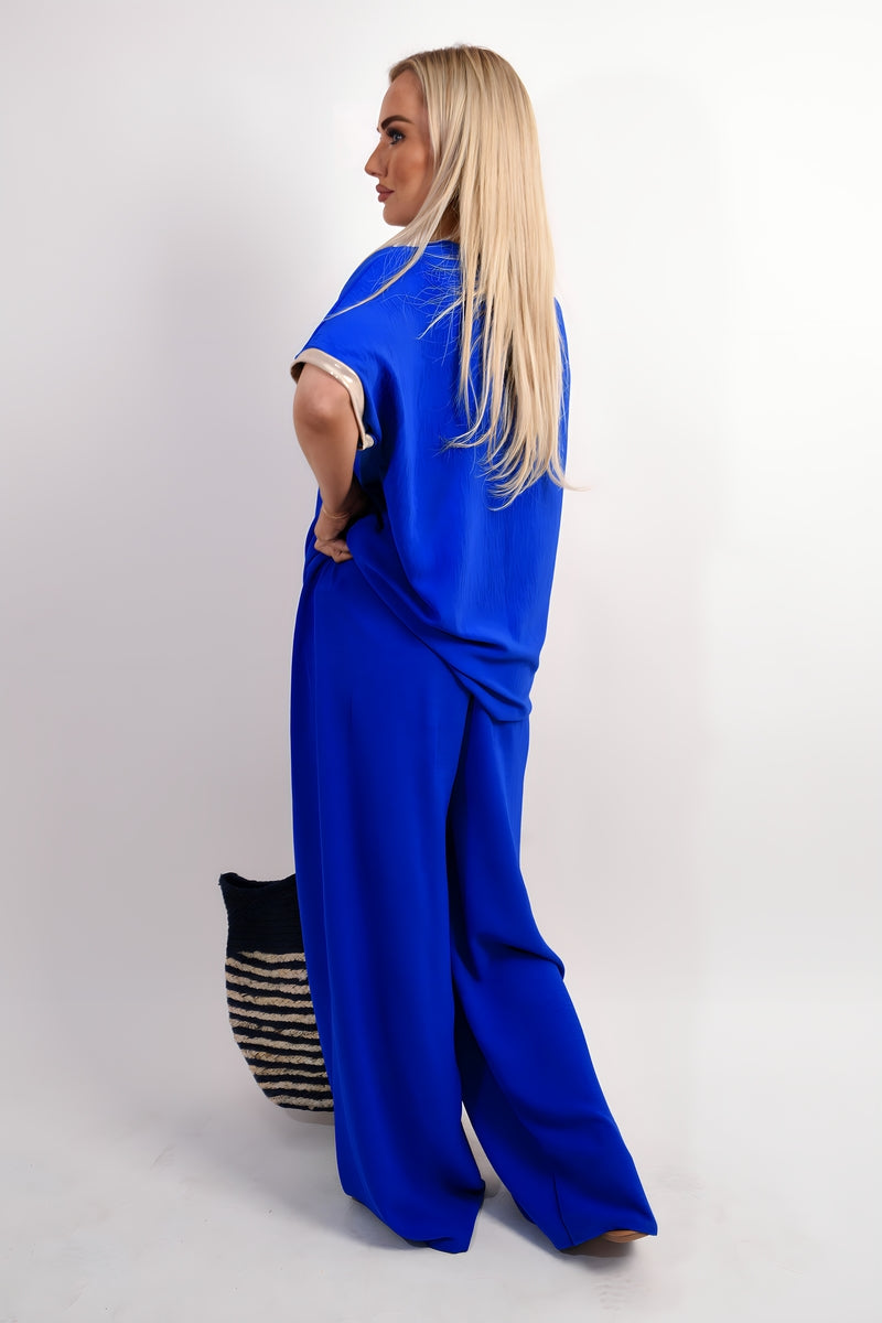Step Out in Style with Marina Drawstring Shiny Waist Wide Leg Trousers
