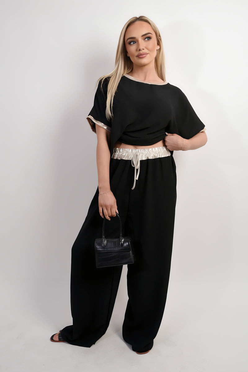 Step Out in Style with Marina Drawstring Shiny Waist Wide Leg Trousers