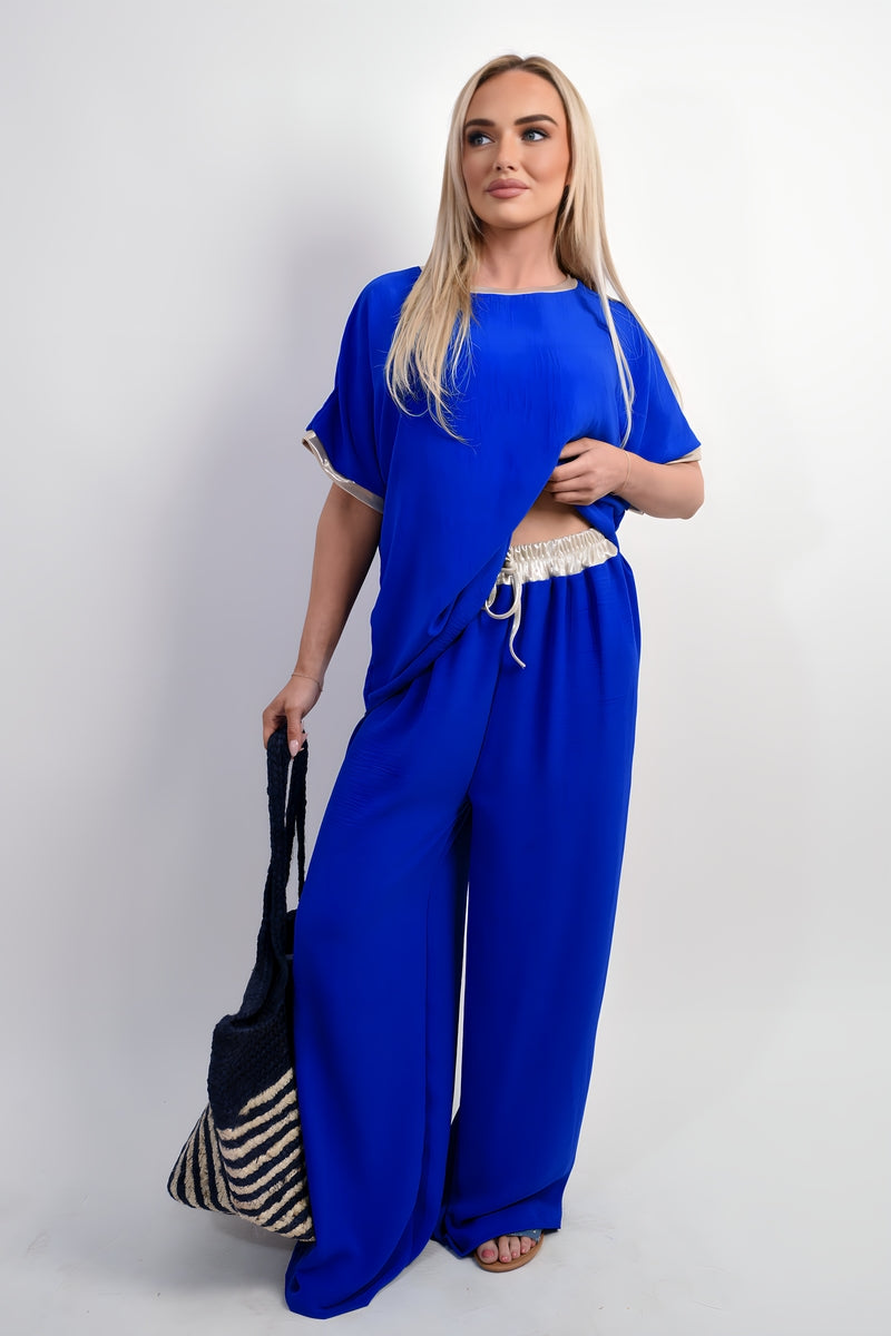 Step Out in Style with Marina Drawstring Shiny Waist Wide Leg Trousers