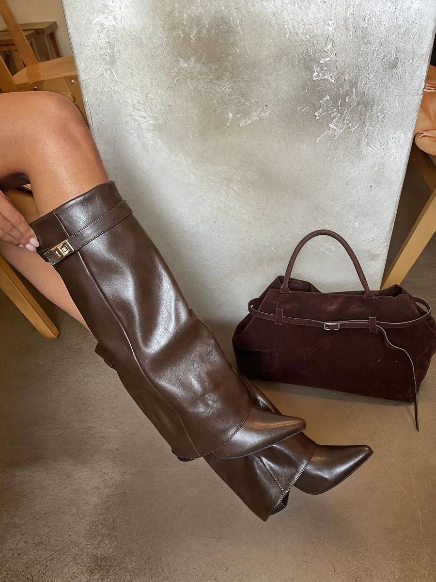 Skirted Fold Over Buckle Pointed Toe High Boots