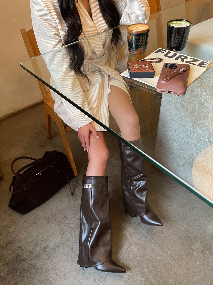 Skirted Fold Over Buckle Pointed Toe High Boots