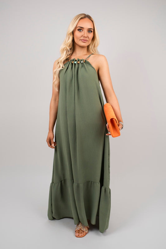 Shop Sleeveless Beaded Halter Neck Maxi Dress with Tiered Hem