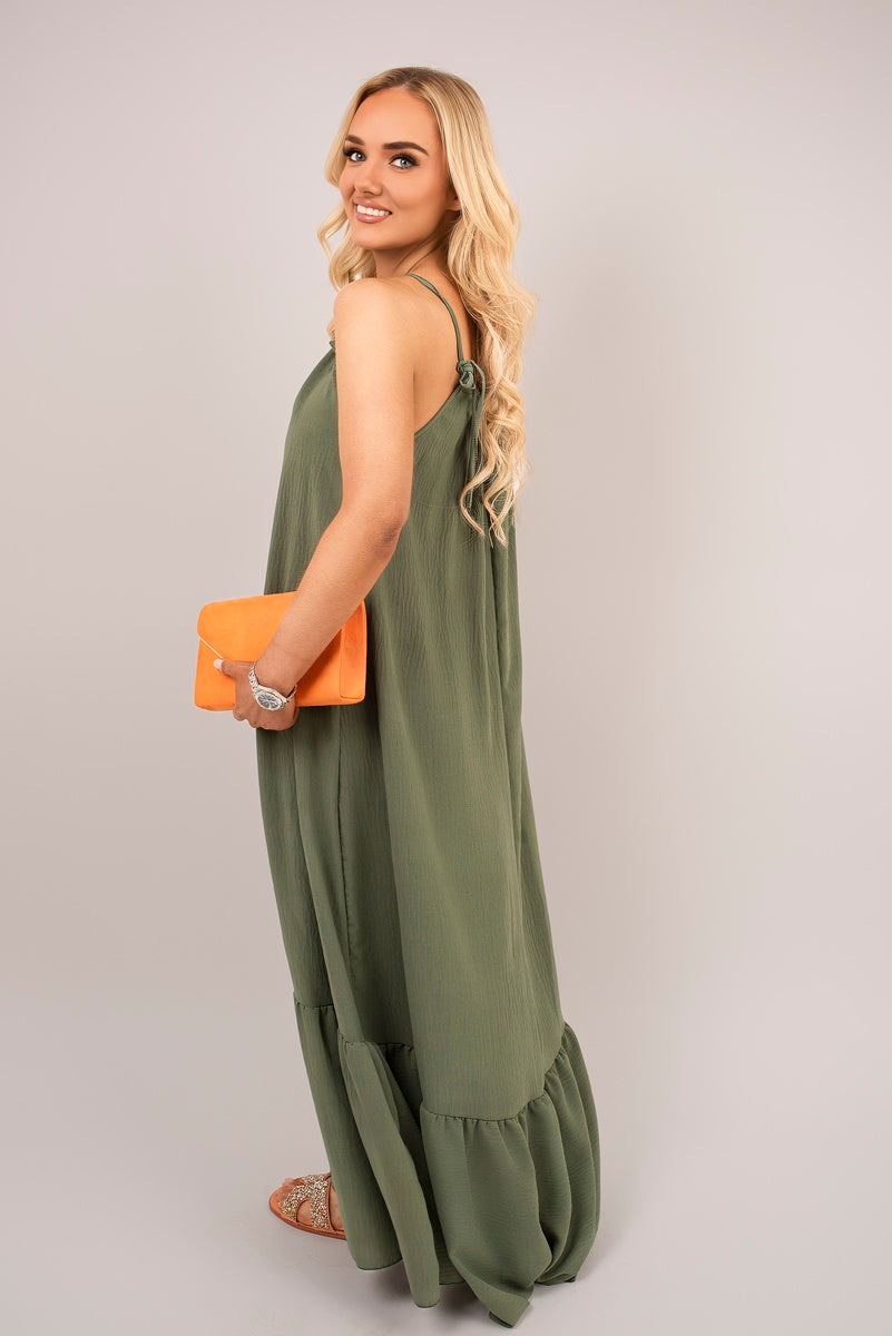 Shop Sleeveless Beaded Halter Neck Maxi Dress with Tiered Hem