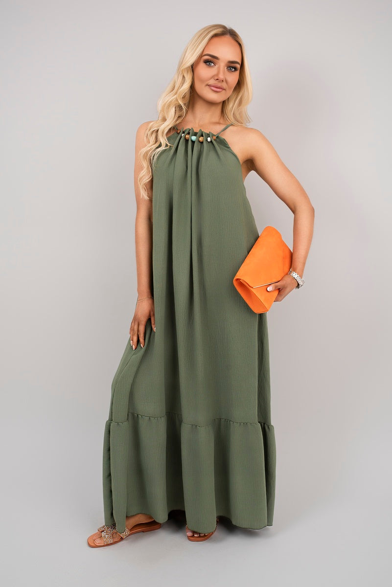 Shop Sleeveless Beaded Halter Neck Maxi Dress with Tiered Hem