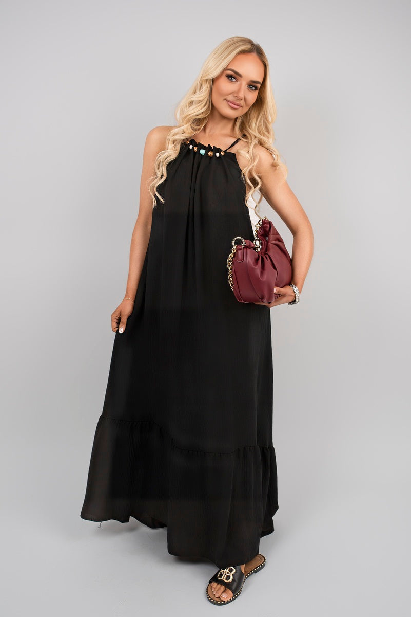 Shop Sleeveless Beaded Halter Neck Maxi Dress with Tiered Hem
