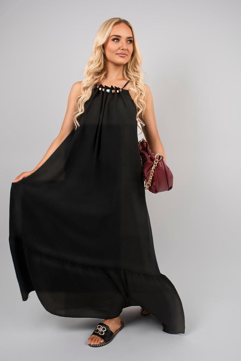 Shop Sleeveless Beaded Halter Neck Maxi Dress with Tiered Hem
