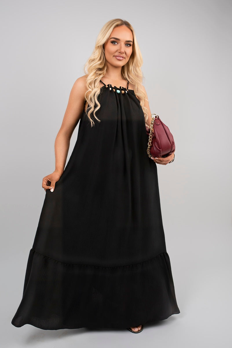 Shop Sleeveless Beaded Halter Neck Maxi Dress with Tiered Hem