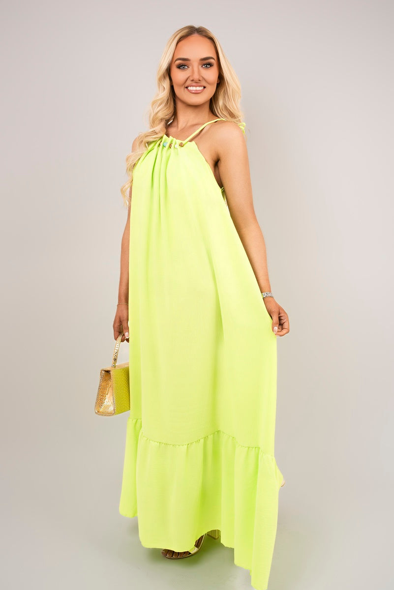 Shop Sleeveless Beaded Halter Neck Maxi Dress with Tiered Hem