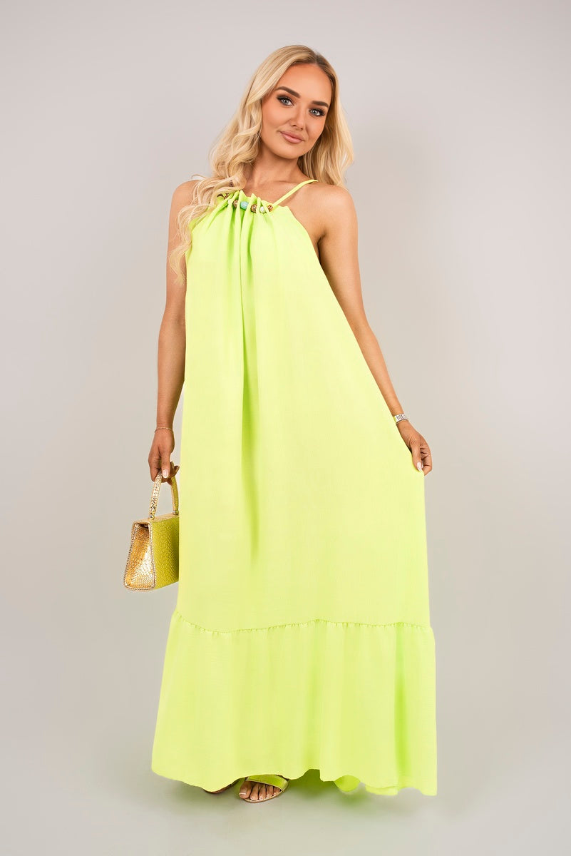 Shop Sleeveless Beaded Halter Neck Maxi Dress with Tiered Hem