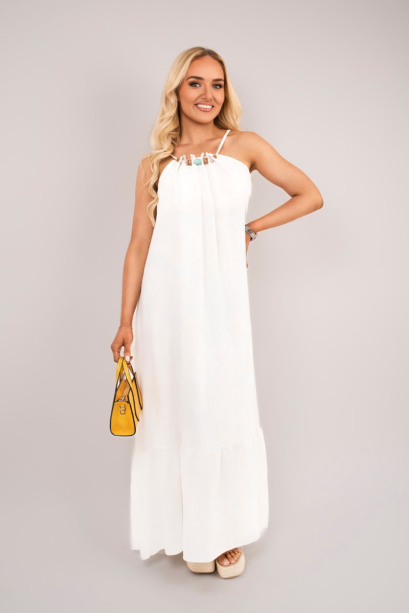 Shop Sleeveless Beaded Halter Neck Maxi Dress with Tiered Hem