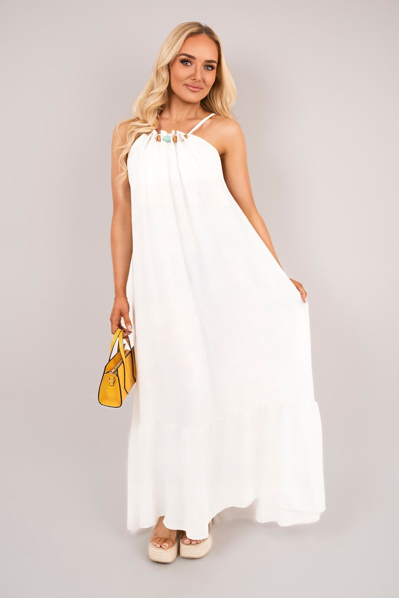 Shop Sleeveless Beaded Halter Neck Maxi Dress with Tiered Hem