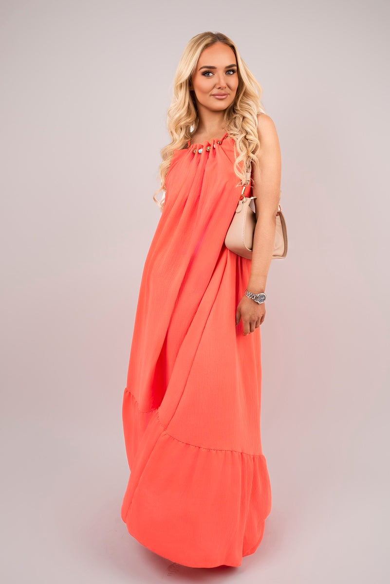 Shop Sleeveless Beaded Halter Neck Maxi Dress with Tiered Hem