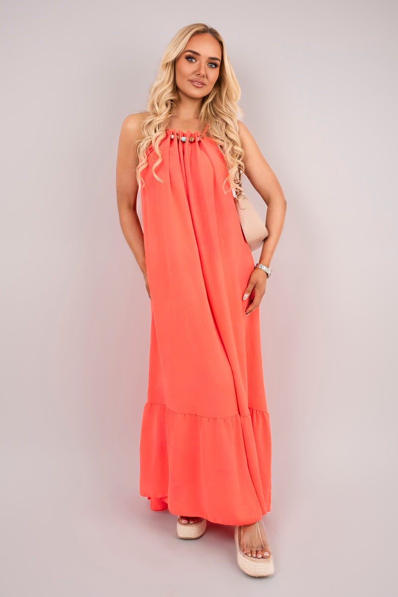 Shop Sleeveless Beaded Halter Neck Maxi Dress with Tiered Hem