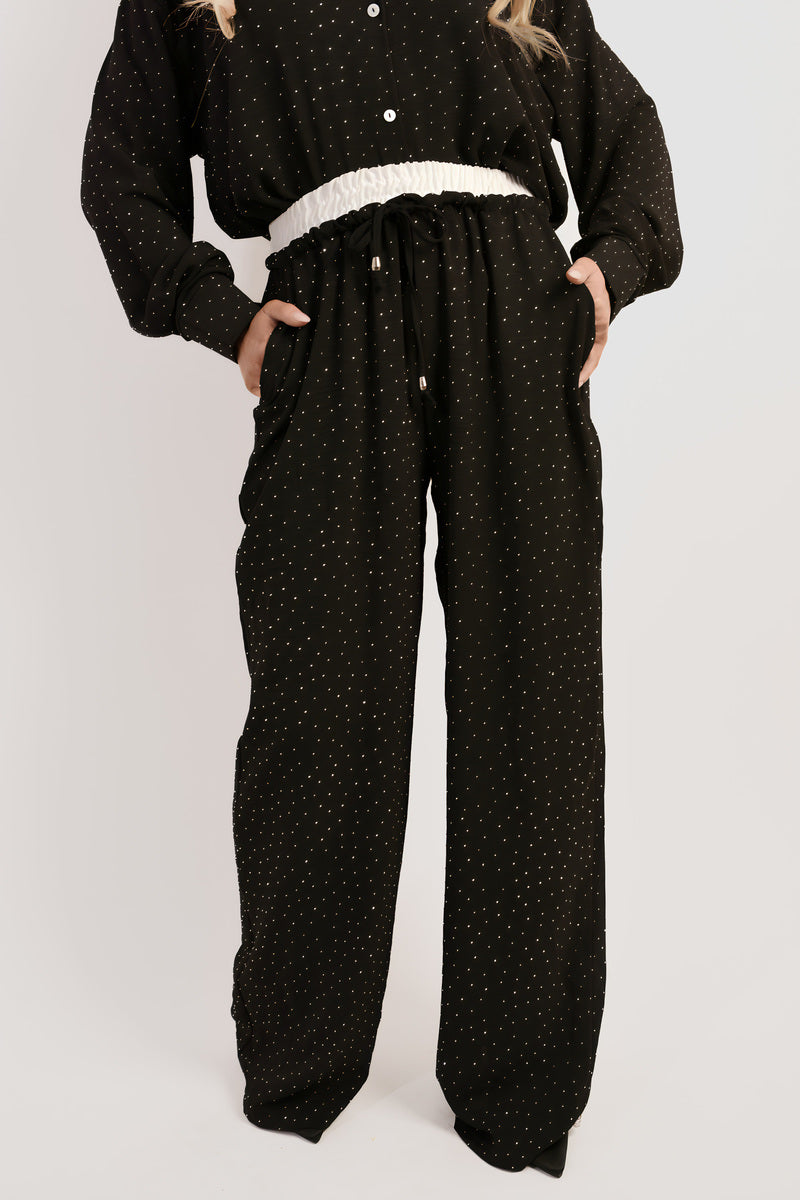 Stylish Comfort with the Serena Embellished Drawstring Wide Leg Trousers