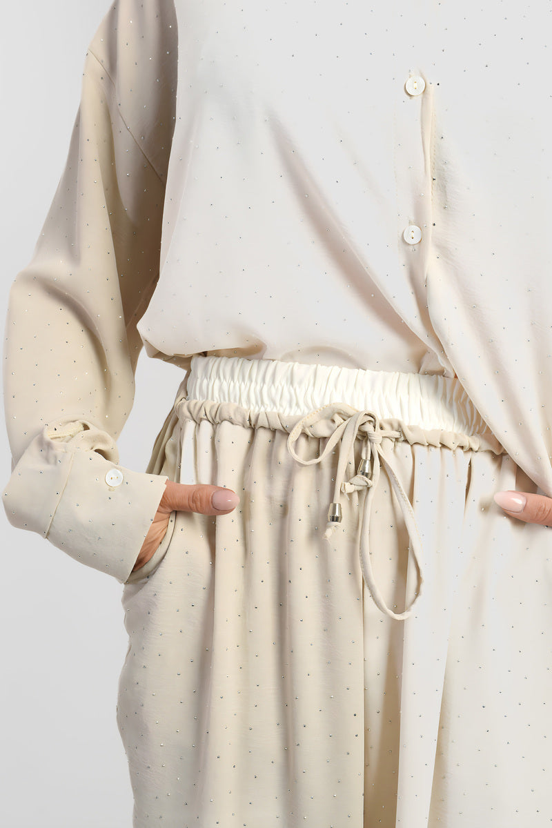 Stylish Comfort with the Serena Embellished Drawstring Wide Leg Trousers