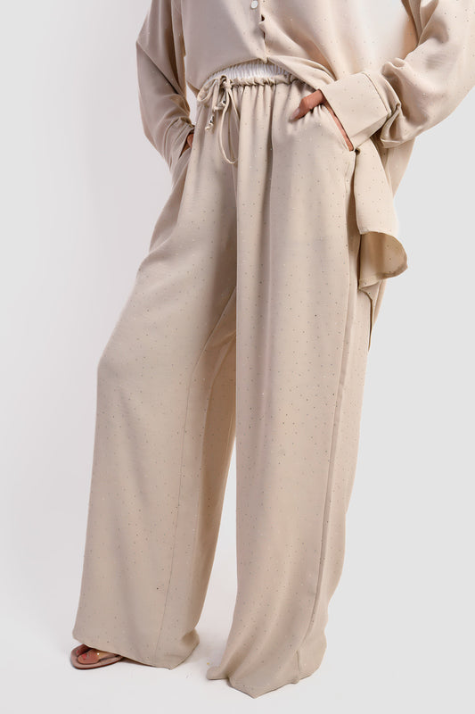 Stylish Comfort with the Serena Embellished Drawstring Wide Leg Trousers