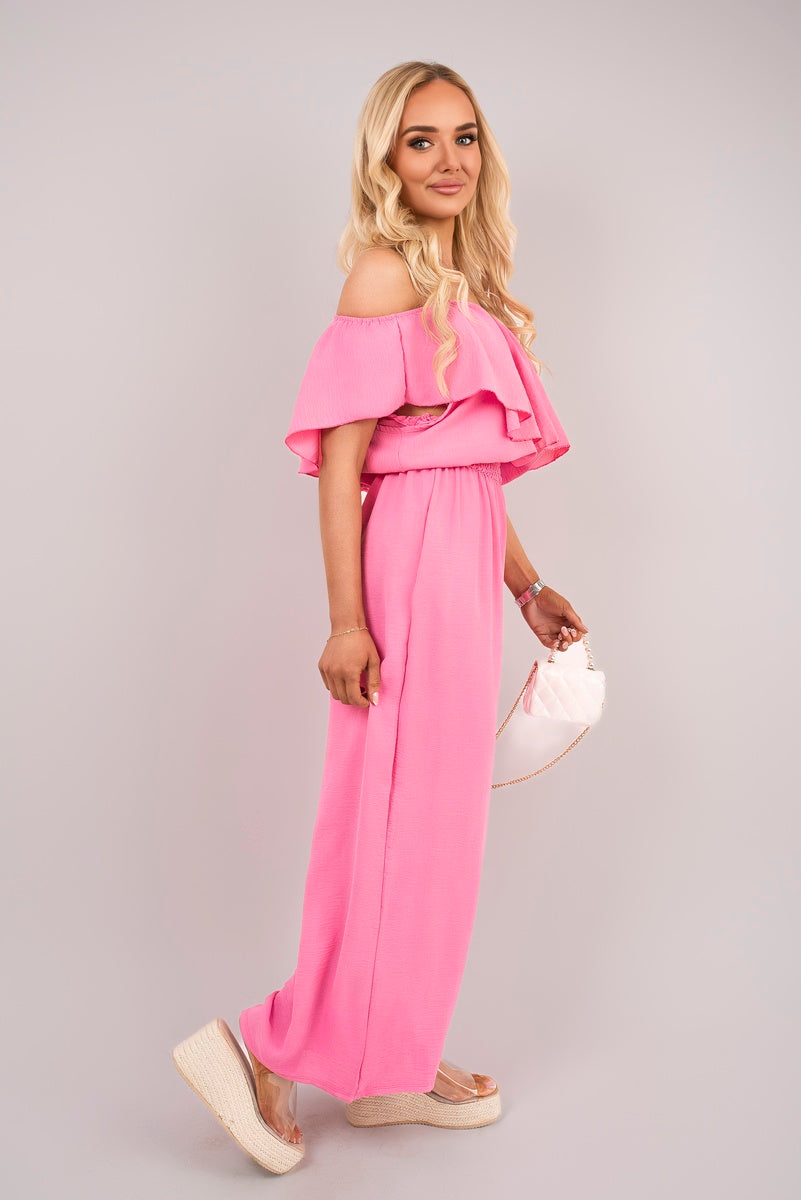 Shop Off Shoulder Flared Wide Leg Jumpsuit with Ruffle Detail