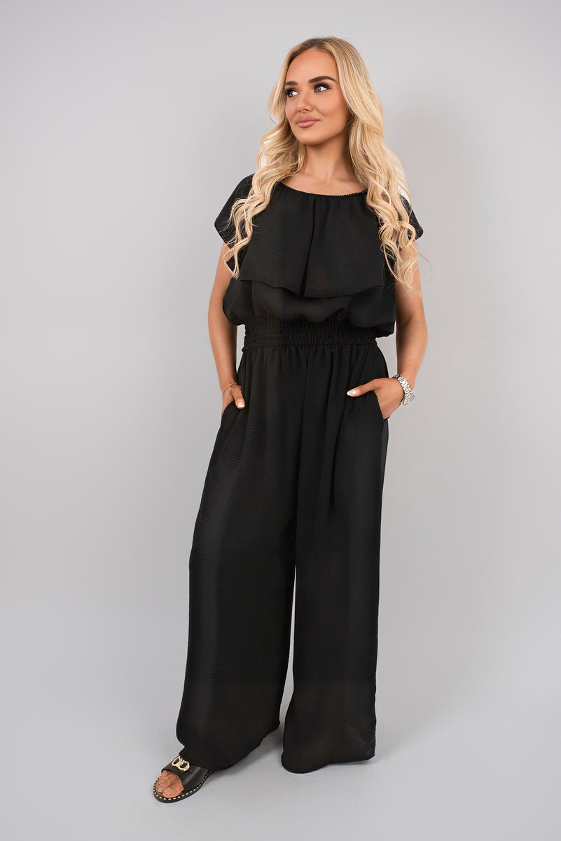 Shop Off Shoulder Flared Wide Leg Jumpsuit with Ruffle Detail