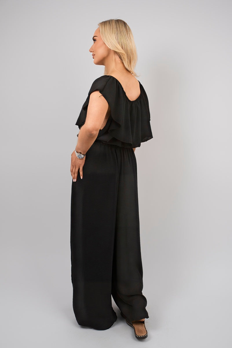 Shop Off Shoulder Flared Wide Leg Jumpsuit with Ruffle Detail